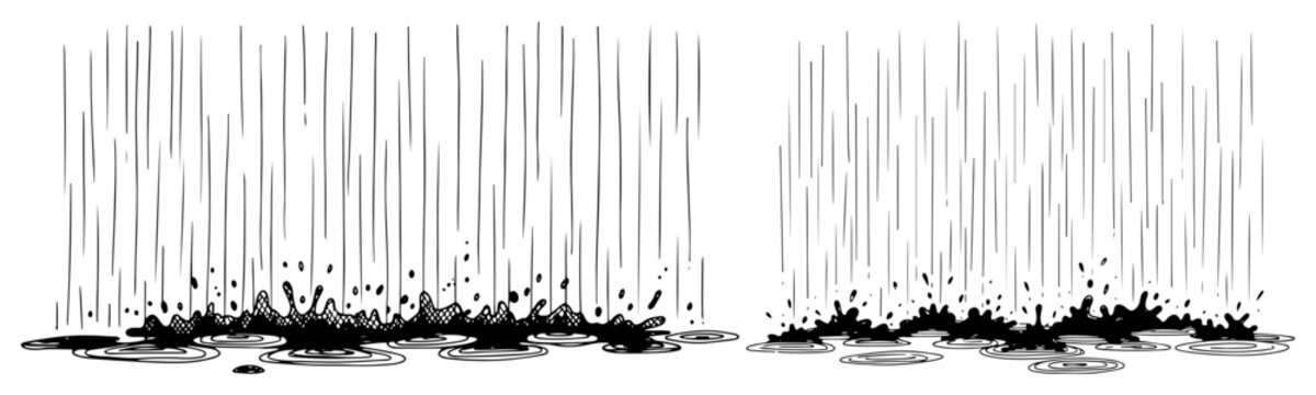Hand drawn vintage style illustration of rain falling and splashing into puddles
