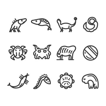 Set of 12 Line Icons of Extinct Animals