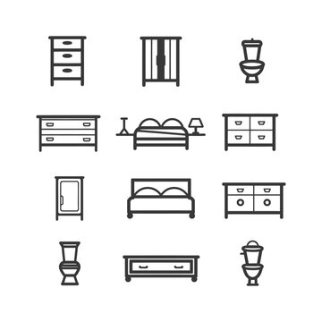 Set of 12 Line Icons Representing Interior Furniture and Bathroom Fixtures