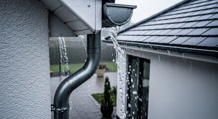 Water overflowing and pouring from a clogged or broken rain gutter on a house roof during heavy rain. Home exterior maintenance problem.