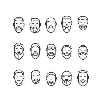 Set of 15 Line Icons Representing Different Men's Faces with Various Hairstyles and Facial Hair