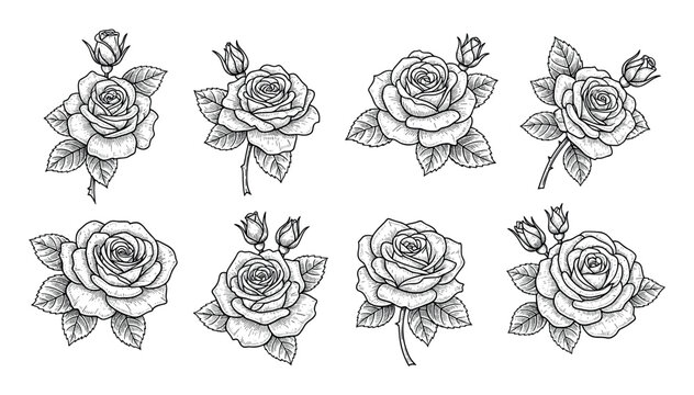 Set of eight vintage rose illustrations in a detailed black and white engraving style, featuring blooming flowers with delicate petals, buds, and leaves for a classic, romantic look