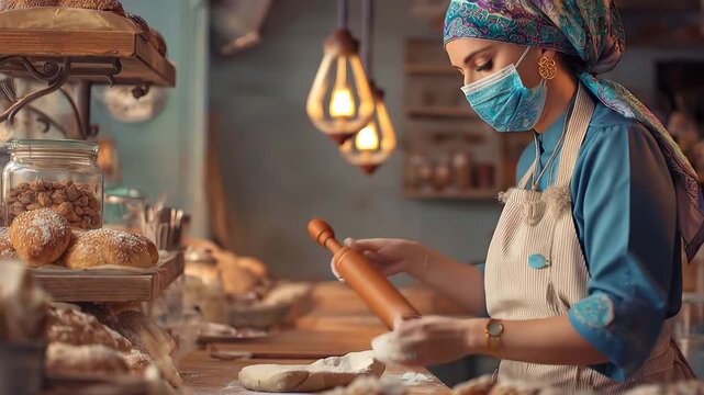 Woman in headscarf and apron expertly rolling dough in a bakery during the afternoon