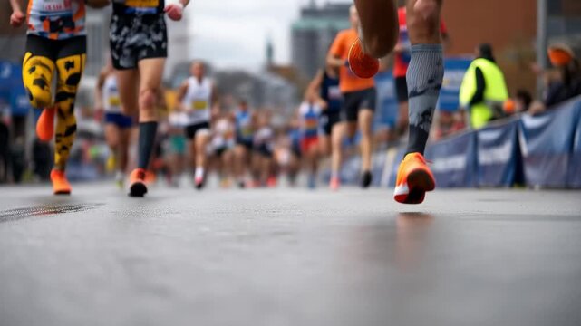 Closeup of marathon runners competing in the Boston event during rainy weather displaying determination and athleticism on the wet streets