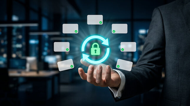 Secure access privacy cycle with glowing lock icon inside refresh arrows and verified cards representing authentication authorization encryption and governance control
