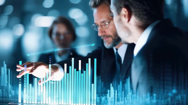 Business professionals discussing strategies with data analytics visuals during a meeting focused on performance improvement and growth opportunities