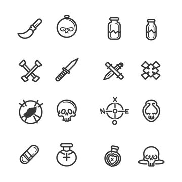 Set of 16 Line Icons Representing Death and Danger