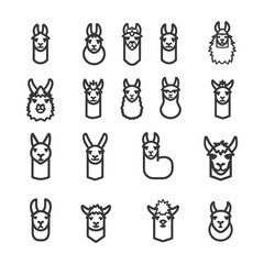 Fototapeta premium Set of 16 Outline Llamas with Different Facial Expressions and Features