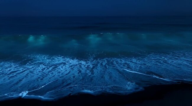Mystical bioluminescent waves crash on dark shore under a dim night sky