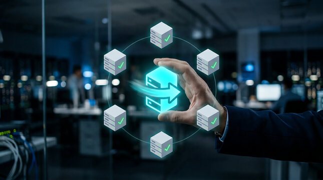 Database replication and server synchronization with glowing data cube and verified server nodes representing cloud infrastructure backup migration and high availability