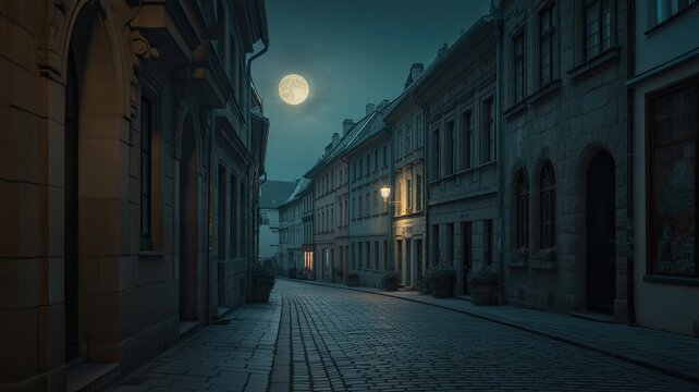 Narrow cobblestone street in an old European town at night lit by a full moon