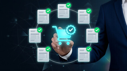 Fototapeta premium Ecommerce purchase approval with glowing shopping cart badge and verified documents representing procurement billing compliance order verification and secure transactions
