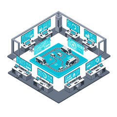 Obraz premium Futuristic Control Room Monitoring Autonomous Vehicles on a Digital Track.