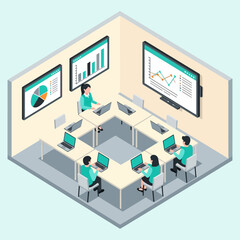 Fototapeta premium Isometric Business Meeting Room with People and Technology.