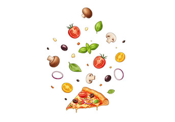 A delicious slice of pizza with various toppings floating in air