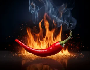 Küchenrückwand glas motiv Scharfe Chili-pfeffer hot red chili pepper on fire flames and smoke background ultra realistic photography  © Lisa