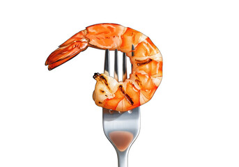 Succulent shrimp on a fork against black background