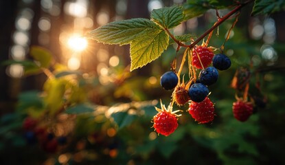 Ripe raspberries and blueberries on a bush at sunset.