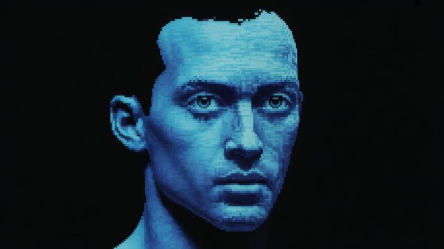 Pixelated face of a man with a puzzled expression dissolving into digital noise