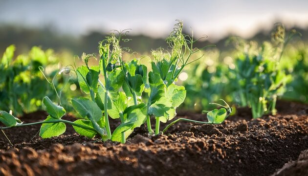 vegetable garden with green pea and celery plants during active growth highlighting seasonal planting