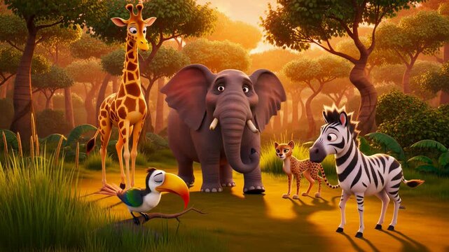 Animated african animals in lush jungle cartoon style background featuring giraffe,elephant,zebra,cheetah,and toucan for childrens education
