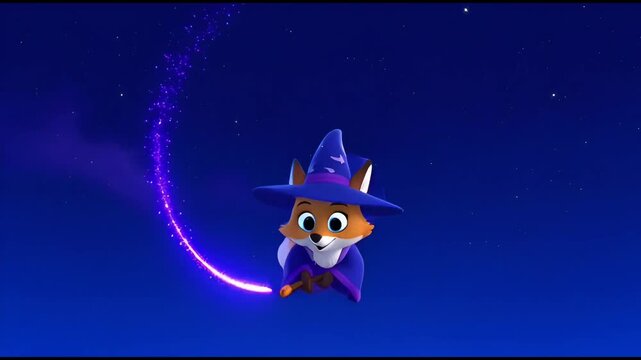 Animated fox wizard character casting magic spell against a starry blue sky perfect for childrens content and magical storytelling
