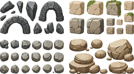 Cartoon Stone and Rock Vector Set with Game Asset Blocks, Arches, Boulders and Natural Terrain Elements Collection © Momota
