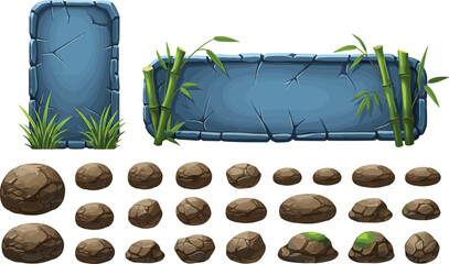 Cartoon Stone Platform and Rock Asset Vector Set with Bamboo, Grass and Game Environment Elements Collection © Momota