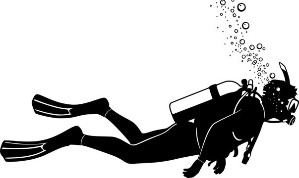 Silhouette of scuba diver swimming underwater with fins and oxygen tank, snorkeling gear, underwater exploration, deep sea diving adventure, isolated black figure on white background 