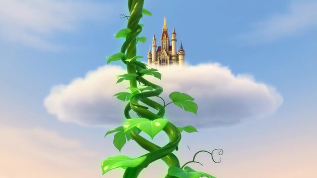Enchanted bean stalk reaching a cloud kingdom castle fantasy tale background,magical adventure,childrens story,cartoon style