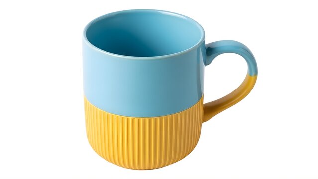 A colorful ceramic mug with a ribbed design on transparent background