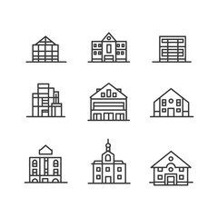 Set of Nine Simple Line Drawings of Buildings