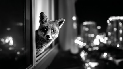 Obraz premium Curious Fox Looking Through Urban Window at Night with City Lights in Background