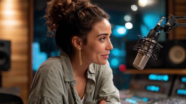 Charming multiracial presenter and sound engineer smiling while working in a professional audio studio during a recording session