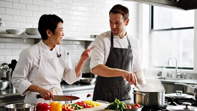 Chefs collaborate in modern kitchen. They chop vegetables, laugh, and prepare delicious meal. Dynamic atmosphere highlights teamwork and culinary creativity.