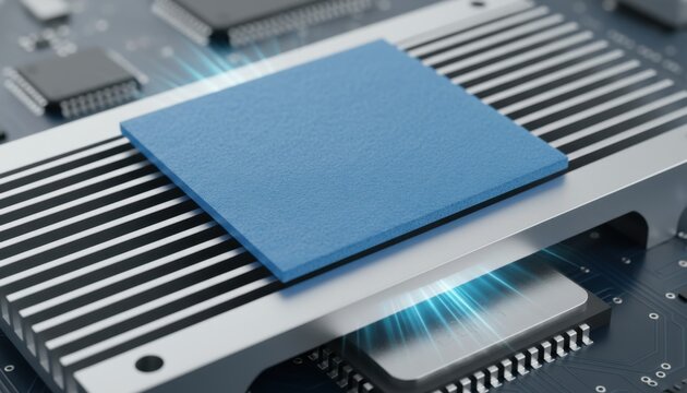 Blue Thermal Pad Material Square Cut Placed on Computer Cooling Fin System