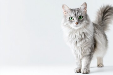 Obraz premium Fluffy silver long-haired cat with striking green eyes standing on a clean white background, showcasing its elegant fur and playful posture in a studio portrait setting