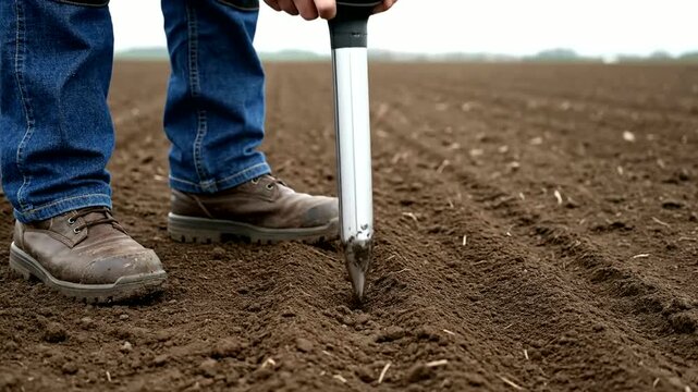 Farmer measures cultivated soil condition in field using equipment for analysis or man checks cultivated farmland with meter tool in ground