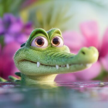 Animated baby crocodile character with large eyes emerging from water, surrounded by colorful flowers and foliage in a vibrant, tropical setting