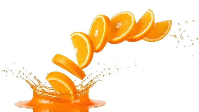 Juicy orange slices falling into a splash of orange juice on transparent background