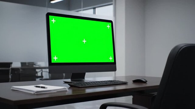Ecommerce device mockup video showcases product on office desk with green screen
