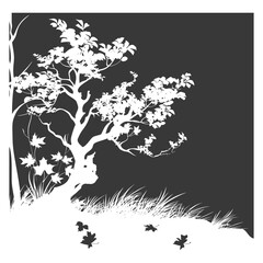 Fototapeta premium Silhouette of a Tree with Fallen Leaves in a Black and White Landscape