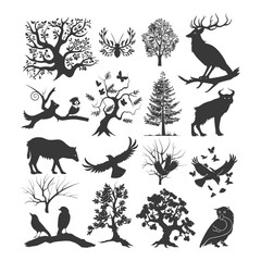 Fototapeta premium Silhouette Set of Trees, Birds, and Animals in a Forest