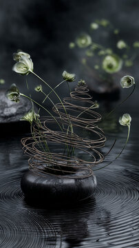 surrealism, ethereal cognitive parametric strange folar arrangement, a black water surface with a slight visible rim of black dark clay vase from a horizontal water surface level camera view