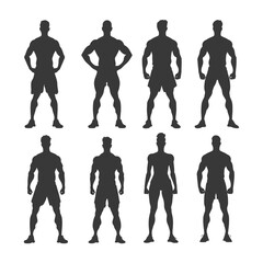 Silhouettes of Eight Muscular Men in Shorts and Sneakers