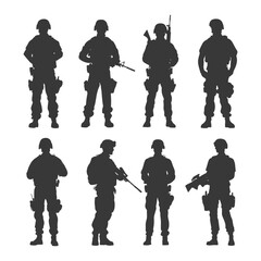 Obraz premium Silhouettes of Eight Soldiers in Various Poses with Rifles