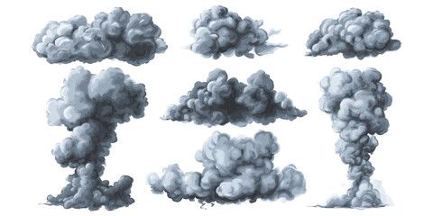Collection of realistic dark storm clouds and smoke plumes explosion effects vector illustration isolated on white background for creative design © ZenVectors