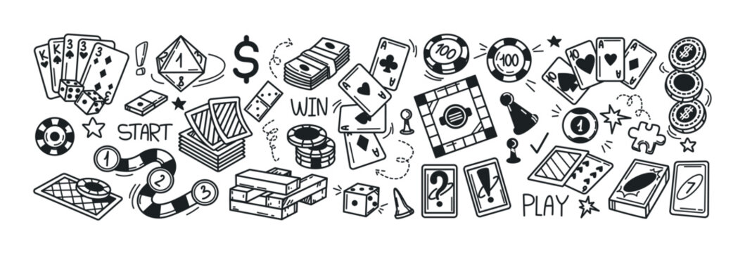 Board games hand drawing doodle set. Vector black icons of playing cards, poker chips, dice, wooden blocks, money banknote, coins. Domino, puzzle and jenga gambling line sketch symbols. Family leisure