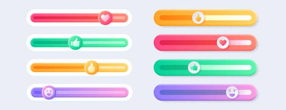Vector set of colorful reaction sliders, feedback emoticons with happy smile emoji, heart, thumb, fire icons. Customer satisfaction rating scale, scroll bars for website, social media or internet page