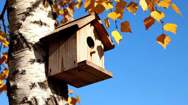 Wooden birdhouse mounted on a birch tree, set against a vibrant blue sky with yellow leaves